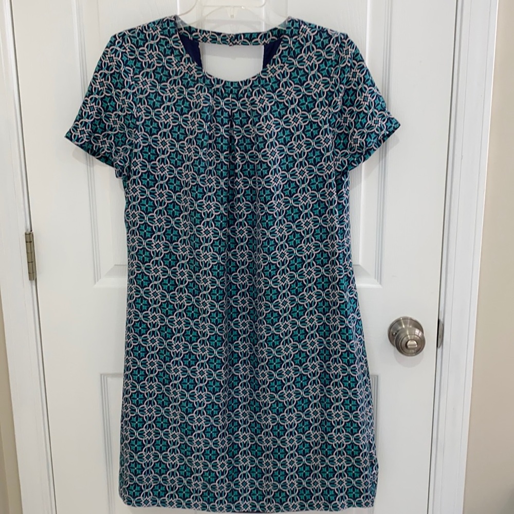 EUC J. Crew Silk Print V Back Dress Navy Teal 6 or 8